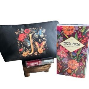 Monogram J Makeup Bag 2025/2026 2 year Pocket Planner Burts Bee Lipstick New